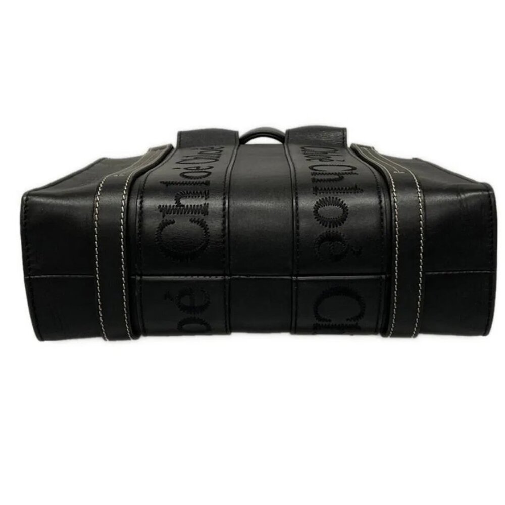 Auth Chloe Woody Small Tote Bag Black Smooth Calfskin - Picture 6 of 10